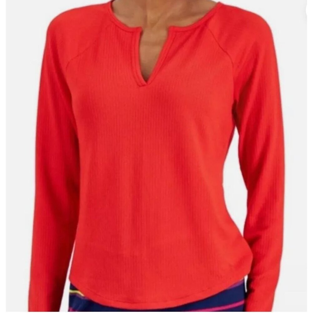 Jenni‎ Women's L Split-Neck Ribbed Long Sleeve Knit Pajama Top Papaya Punch